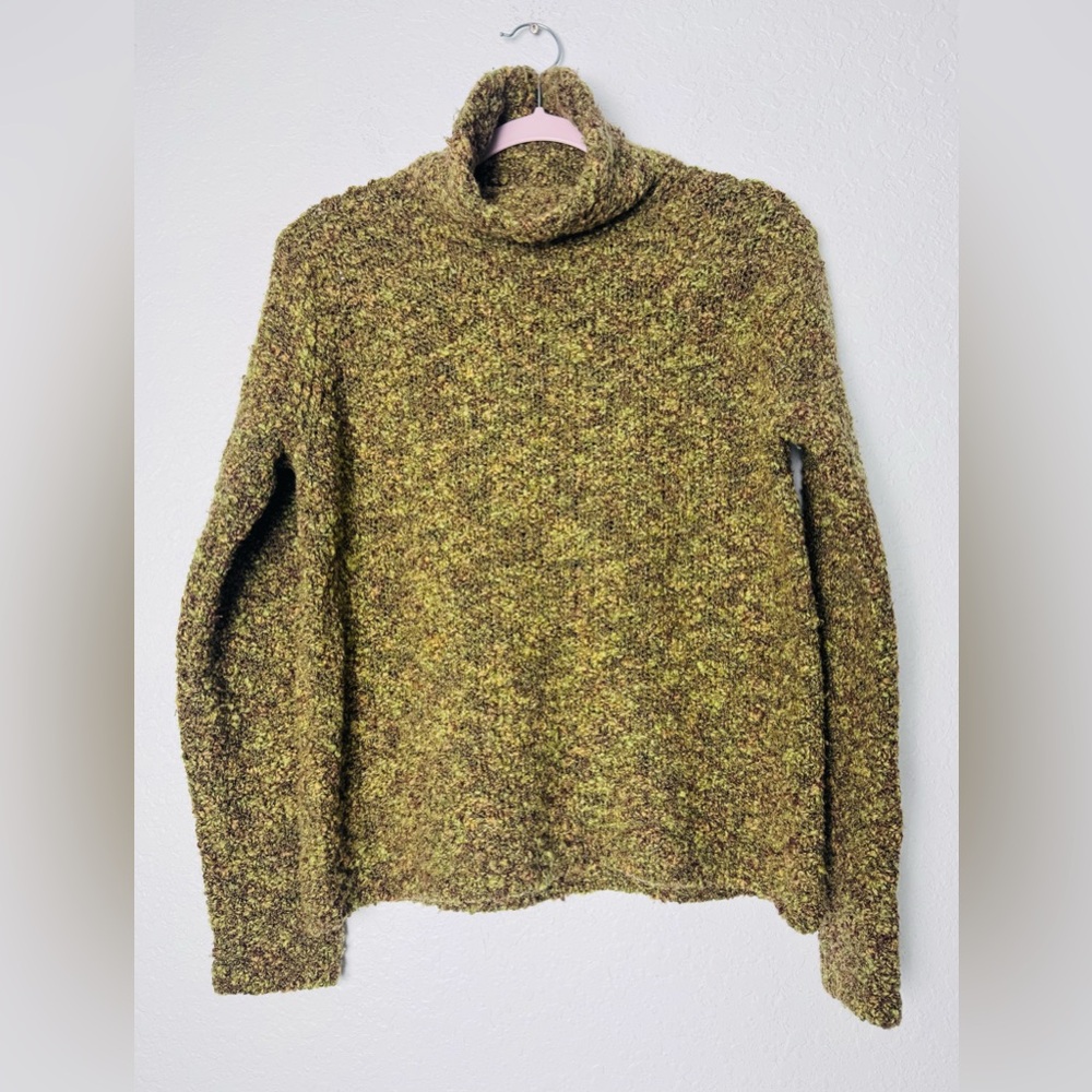 EILEEN FISHER Olive Green Brown Chunky Nubby Knit Wool Turtleneck Sweater SZ M